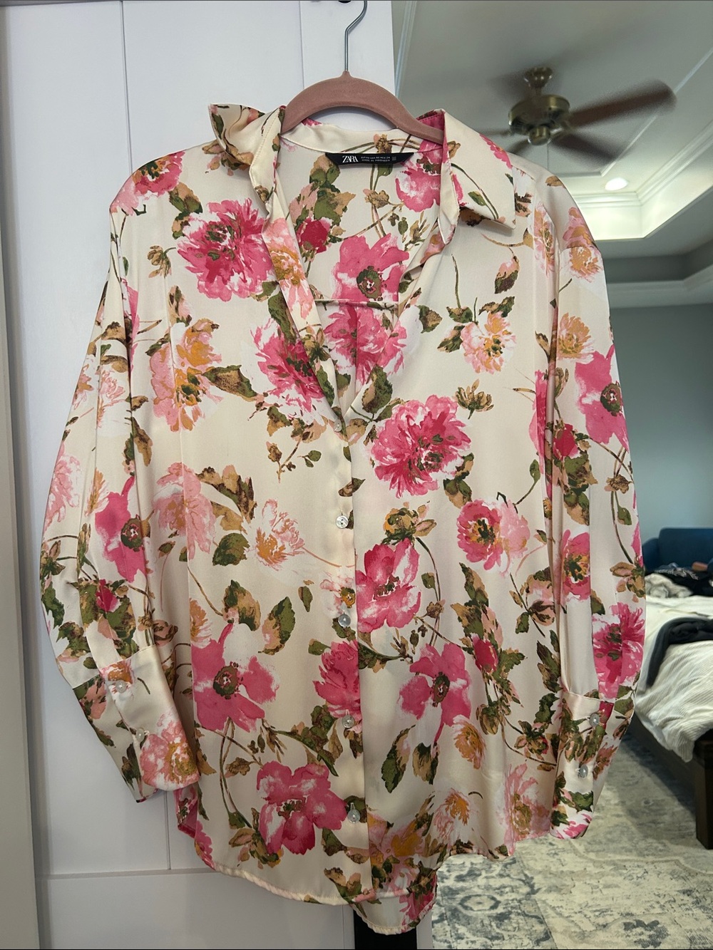 ZARA Cream Floral Button-Down Shirt with Pink & Green Print